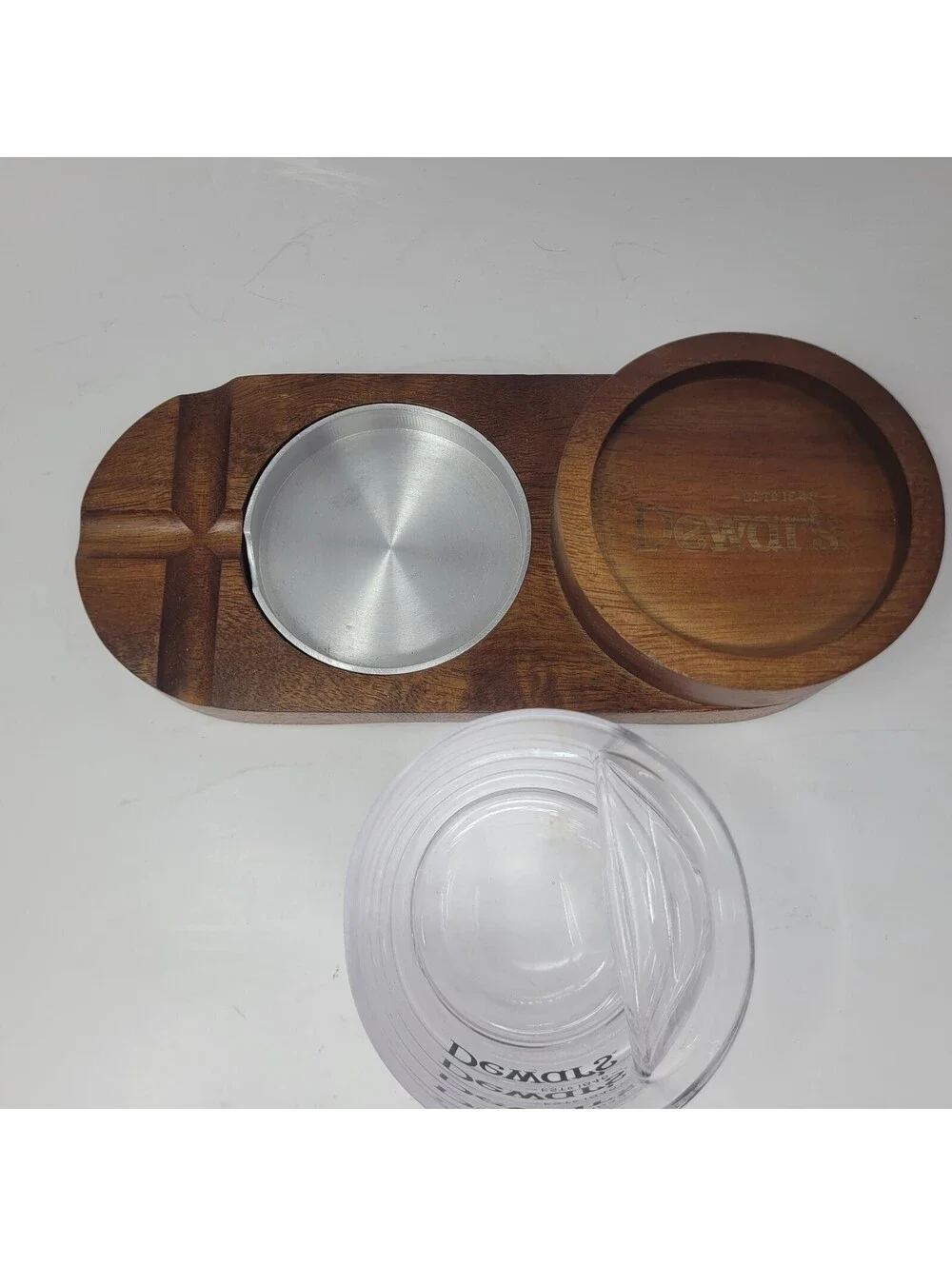 Dewars Scotch Whisky Wood Glass Cigar Ashtray Tray Caddy Coaster Barware Set